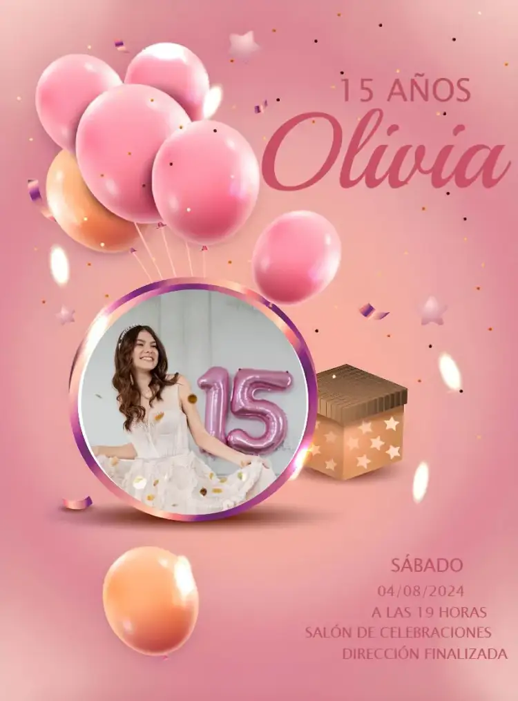 Invitación 15 Años Con Foto Presente – tema 15 años rosa, brillantina, delicado, festivo, moderno, alegre