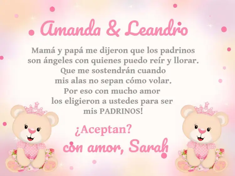 Invitación Padrinos De Bautismo Osita Princesa Bautizo – tema Bautismo rosa, blanco, infantil, lúdico, delicado, religioso