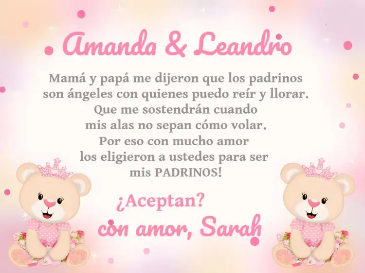 Invitación Padrinos De Bautismo Osita Princesa Bautizo
