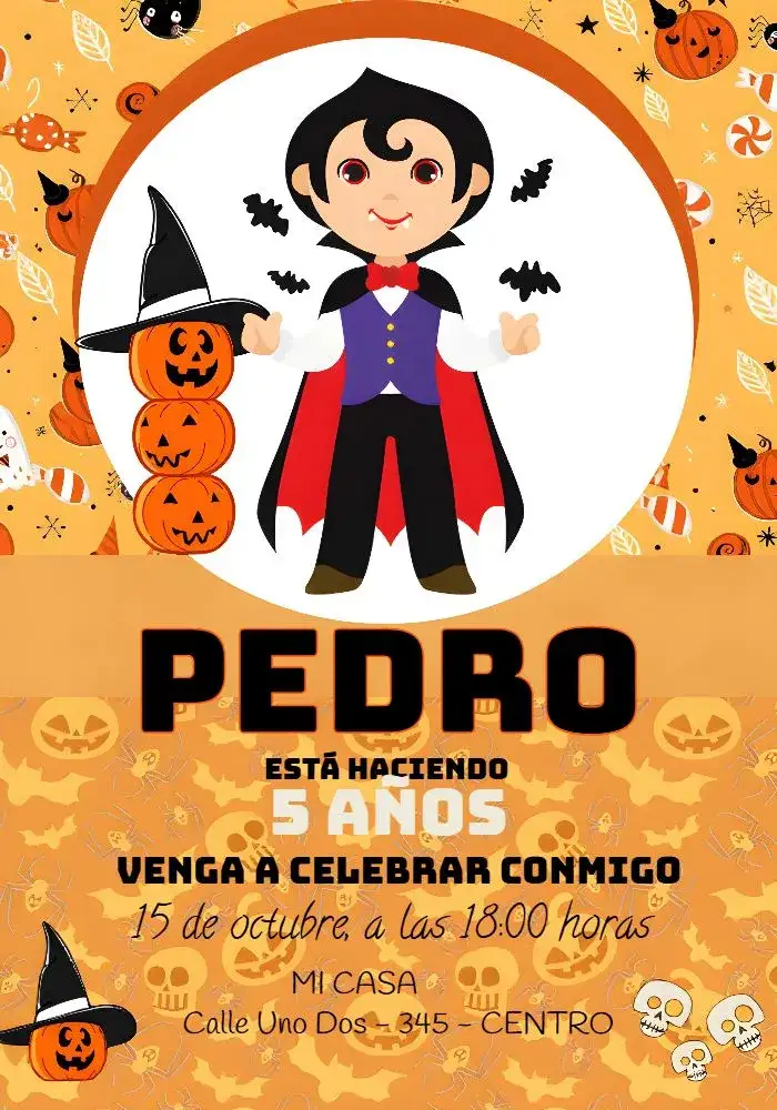 Invitación Día de Halloween – tema Fechas Conmemorativas colores oscuros, elementos gráficos de Halloween, estilo divertido, ilustraciones de brujas, calabazas, atmósfera misteriosa