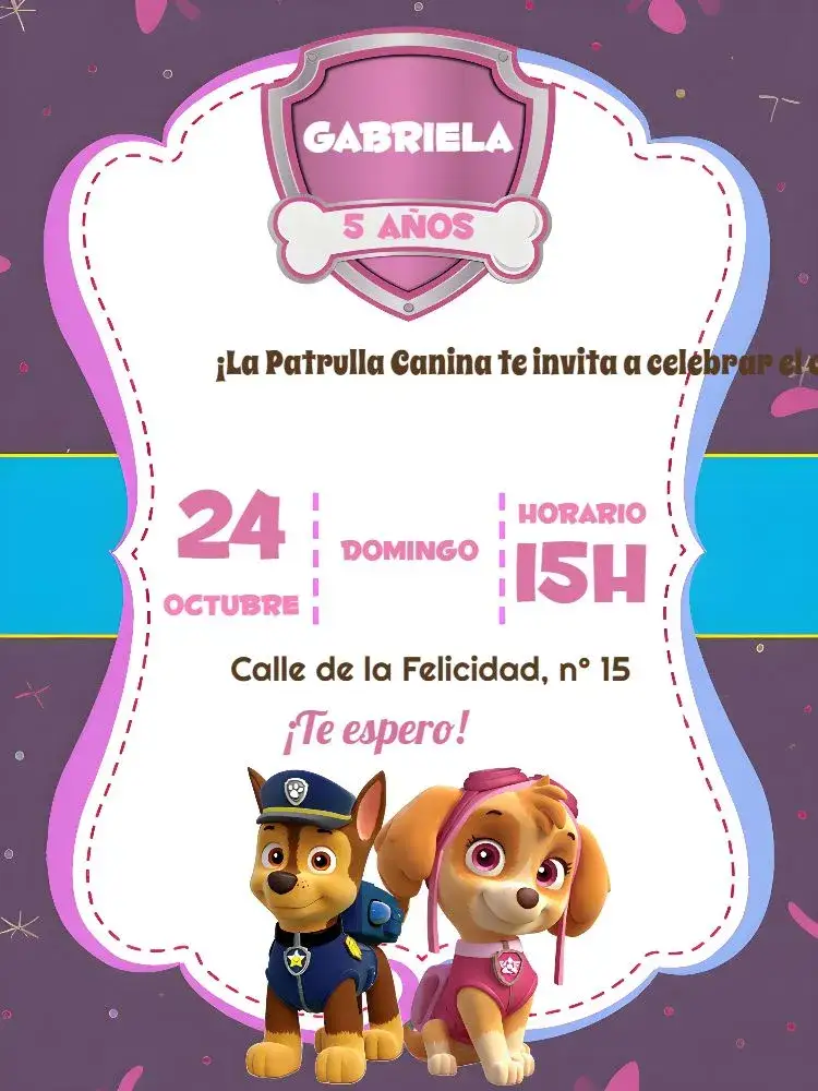 Invitación Patrulla Canina Marrón – tema Cumpleaños Infantil marrón, rosa, blanco, divertido, infantil, temático