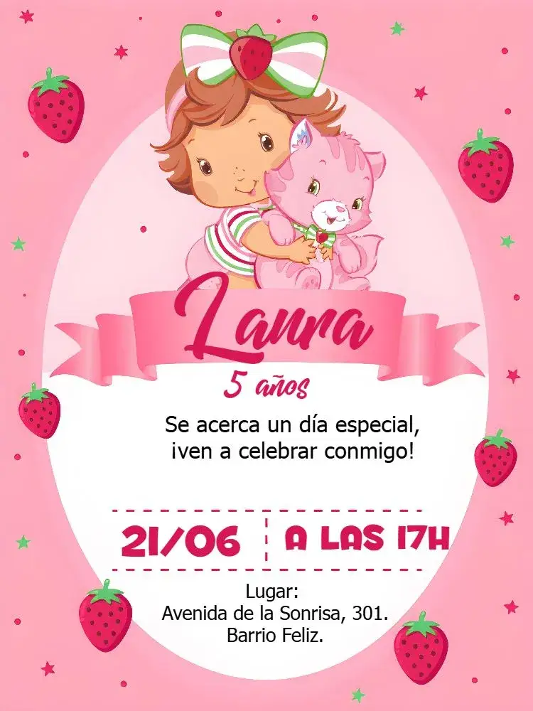 Invitación Moranguito Cute Baby Rosa Pink – tema Más buscados colores pastel, estilo lúdico, elementos gráficos de fresas, diseño delicado, atmósfera infantil, toques florales