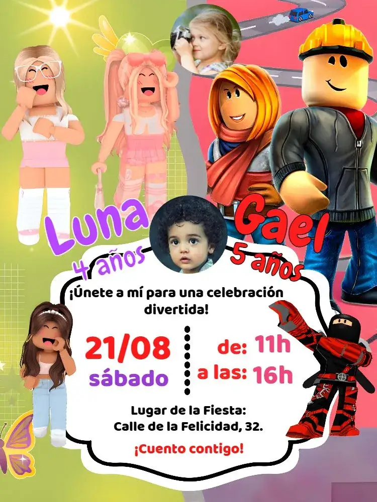 Invitación Doble Roblox Niño y Niña con Foto Roja – tema Más buscados vibrante, moderno, lúdico, colorido, jogos, infantil