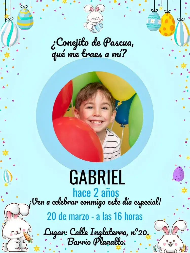 Invitación Pascua Con Foto Conejito – tema Fechas Conmemorativas colorido, infantil, divertido, temático, alegre