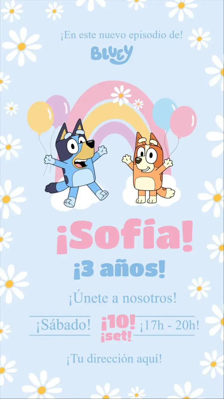 Invitación Bluey – tema Cumpleaños Infantil azul, divertido, lúdico, animado, colorido
