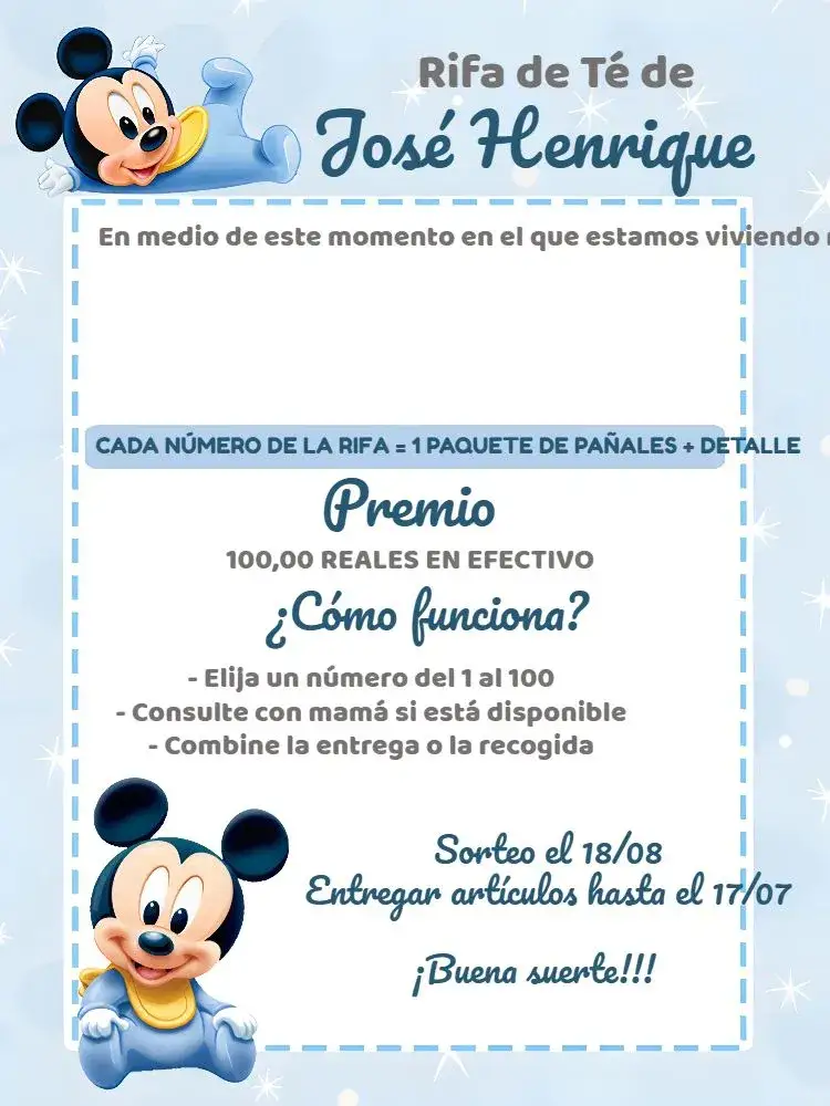 Invitación Chá Rifa Mickey Mouse Baby Bebê – tema Té Rifa colorido, lúdico, infantil, divertido, temático