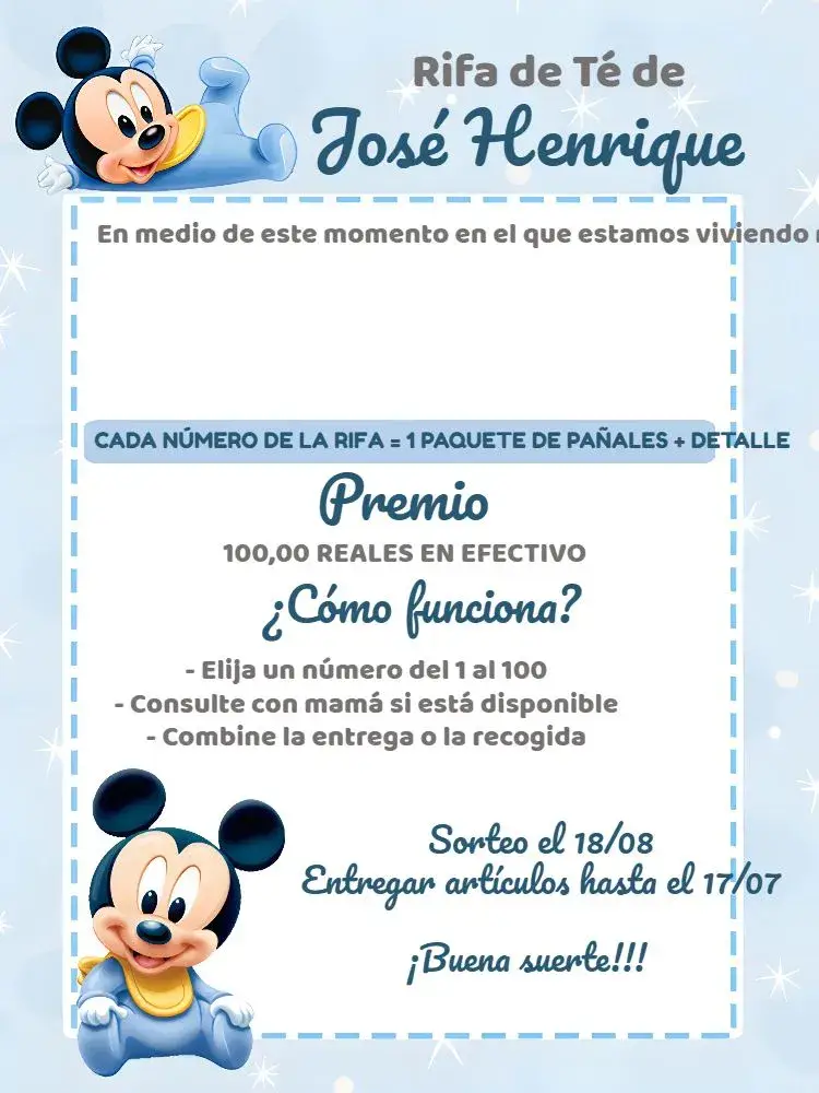 Invitación Chá Rifa Mickey Mouse Baby Bebê