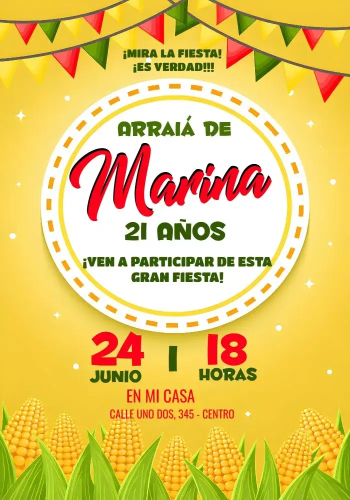 Invitación Fiesta Junina Arraiá Arraia – tema Cumpleaños colorido, tradicional, vibrante, rústico, festivo, alegre