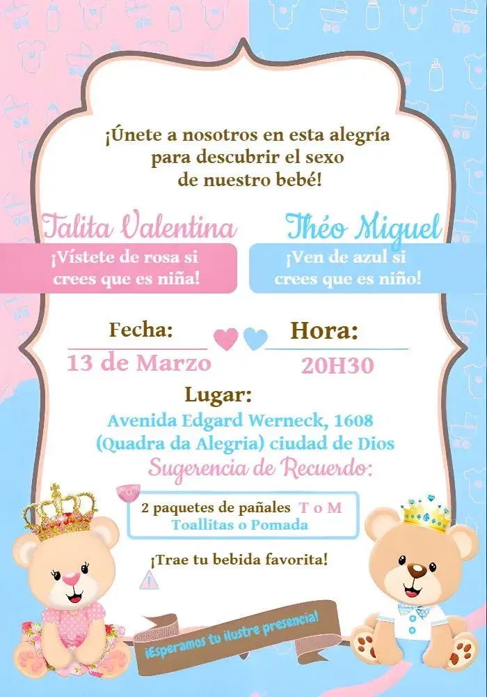 Invitación Baby Shower Ositos de la Realeza Rosa editable y personalizable