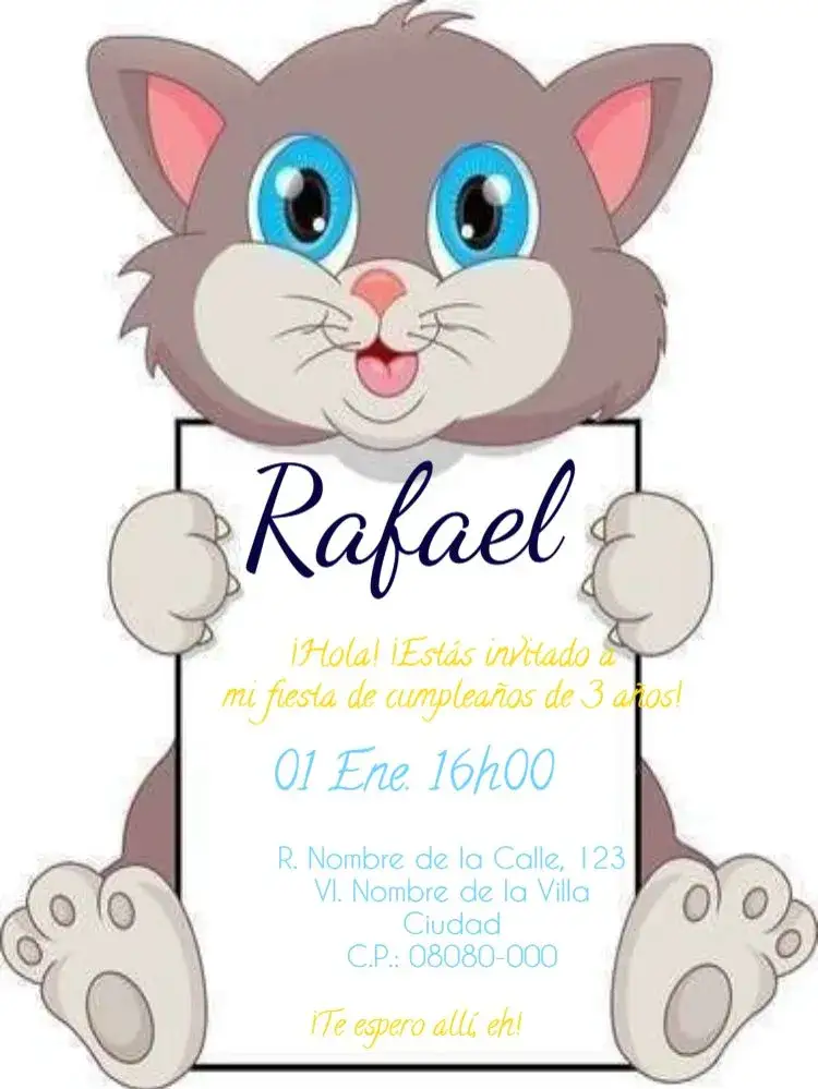 Invitación Infantill Gato Para Editar Fofo – tema Cumpleaños Infantil colores pasteles, estilo divertido, elementos gráficos de animales, globos de colores, diseño moderno, visual infantil