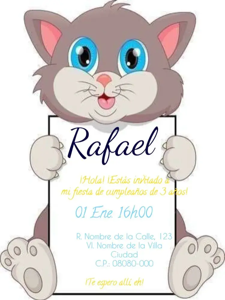 Invitación Infantill Gato Para Editar Fofo