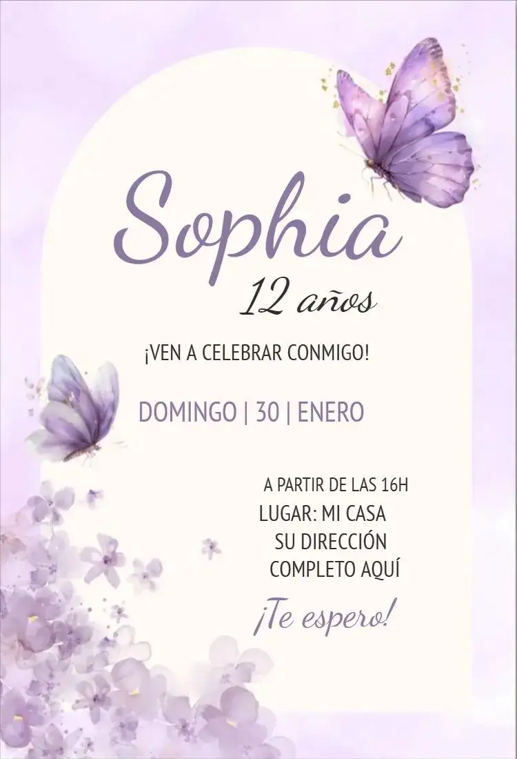 Invitación Mariposa lila – tema Cumpleaños lila, morado, acuarela, delicado, floral, soñador
