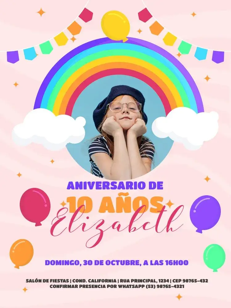 Invitación 10 Años Con Foto Infantil – tema Cumpleaños Infantil colorido, lúdico, moderno, infantil, arco-íris, festa