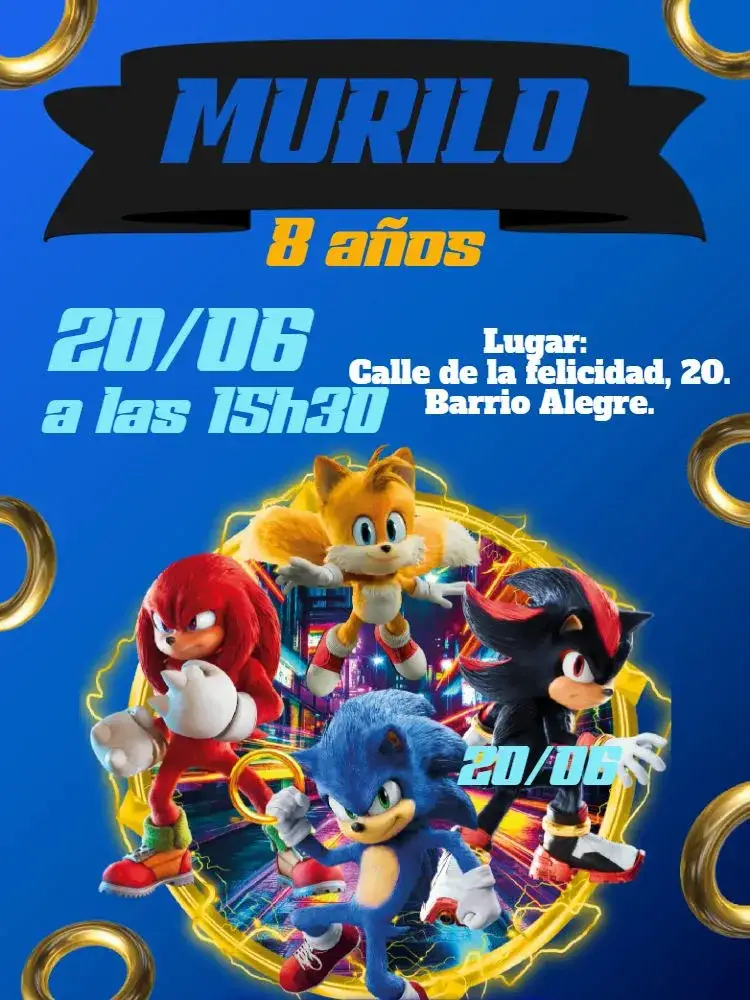 Invitación Cumpleaños de Sonic – tema Cumpleaños Infantil colorido, juegos, superhéroes, diversión, futurista, vibrante
