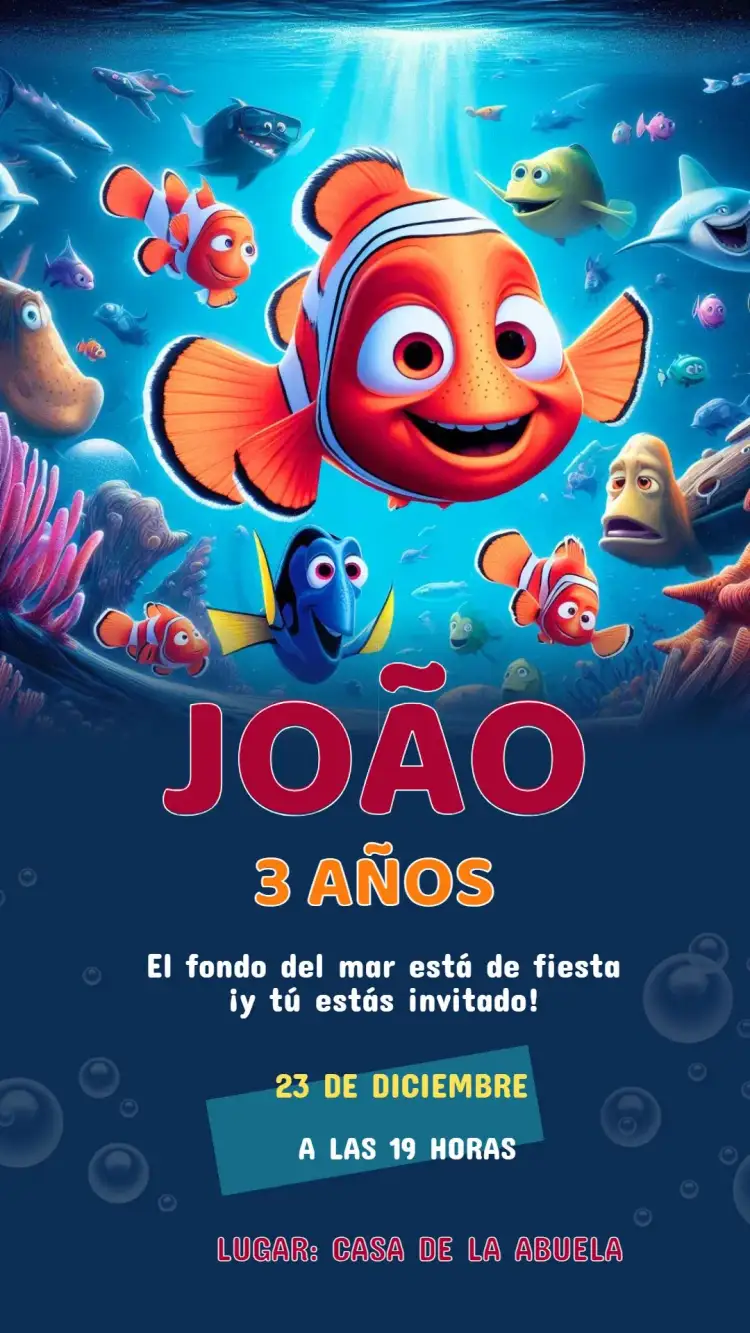 Invitación Invitación Cumpleaños Buscando a Nemo – tema Cumpleaños Infantil azul marino, colorido, divertido, ilustrativo, temático, aguamarina
