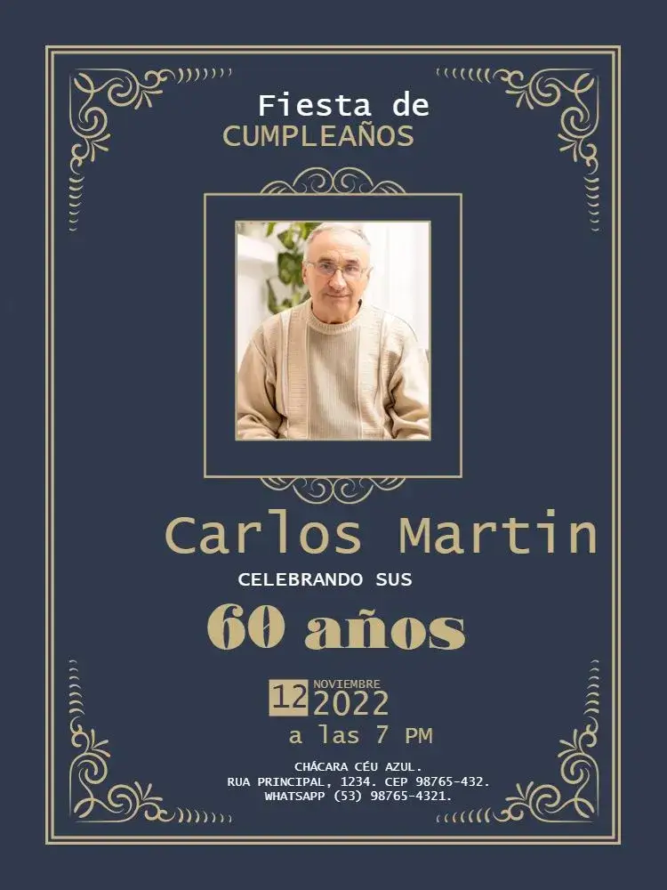 Invitación 60 Años Con Foto Elegante – tema Cumpleaños Infantil elegante, clásico, azul, dorado, moderno
