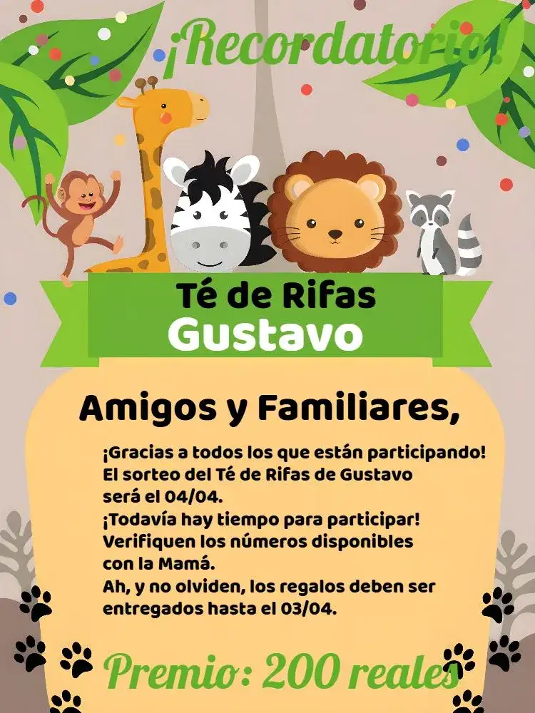 Recordatorio Té de Rifa Safari Naranja