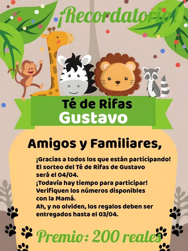 Invitación Recordatorio Té de Rifa Safari Naranja – tema Té Rifa safari, animales, vibrante, divertido, moderno, colorido