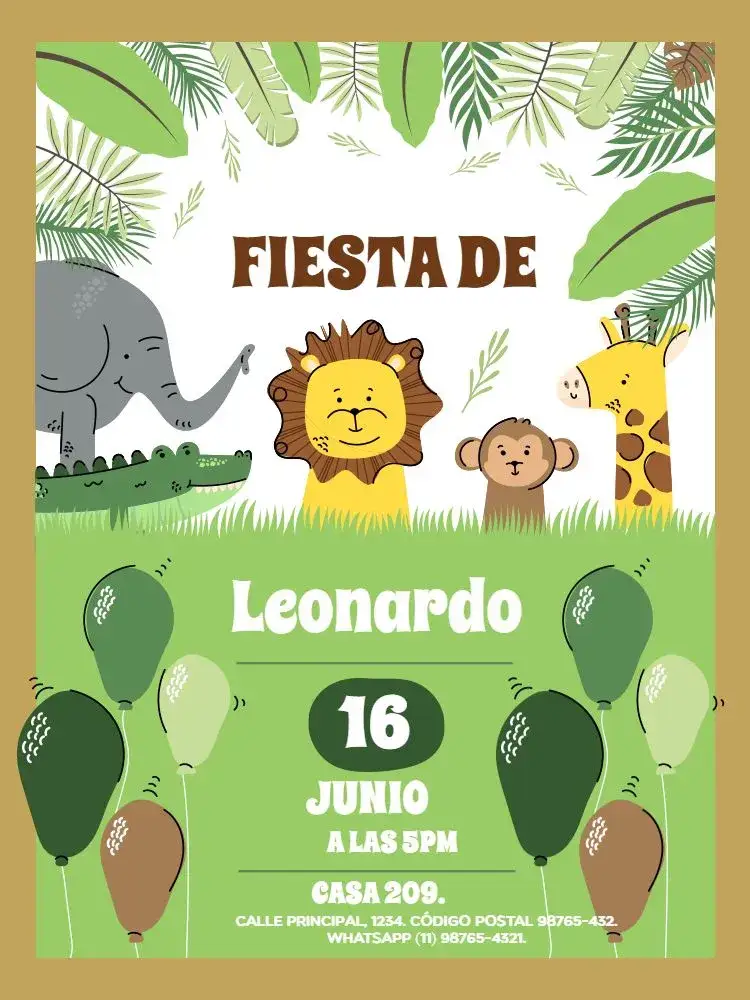 Invitación Zoológico Femenino – tema Cumpleaños Infantil colores vibrantes, estilo divertido, elementos de la selva, diseño colorido, ilustraciones de animales