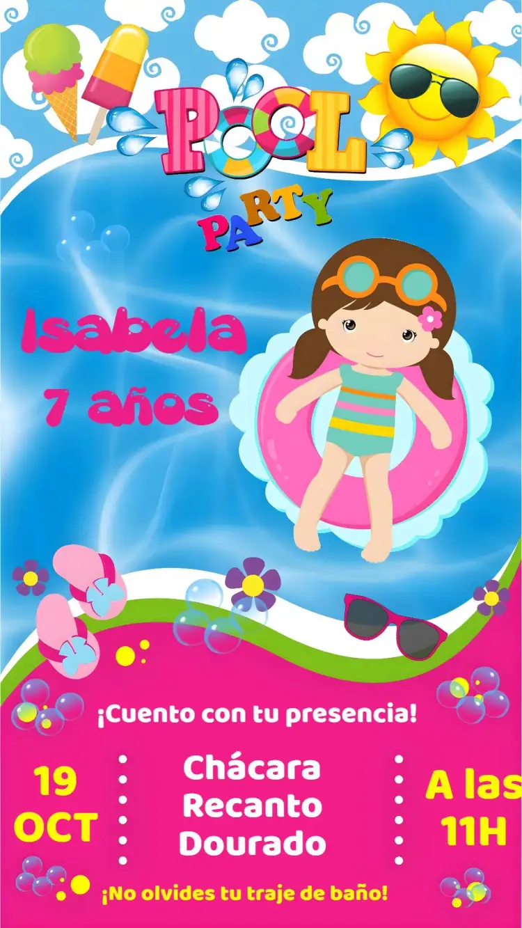 Invitación Fiesta en la Piscina – tema Cumpleaños tropical, colorido, moderno, divertido, aqua, veranil