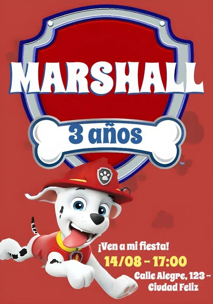 Invitación Patrulla Canina Marshall – tema Cumpleaños Infantil colorido, infantil, aventura, animales, diversión, temático