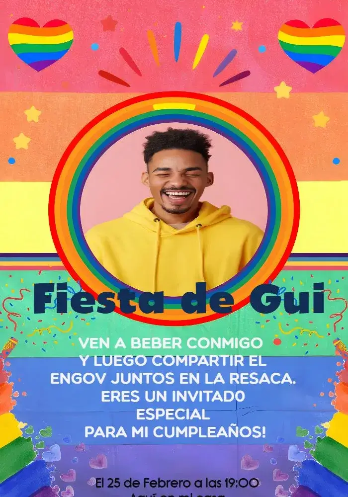 Invitación Lgbtqia+ Con Foto Iris – tema Cumpleaños arcoíris, colorido, moderno, diversidad, juvenil, vibrante