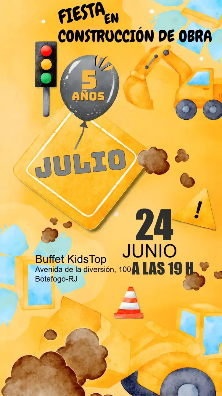 Invitación Construcción Tractor – tema Té Rifa amarillo vibrante, elementos de construcción, estilo infantil, diseño lúdico, gráficos de tractor, fiesta temática