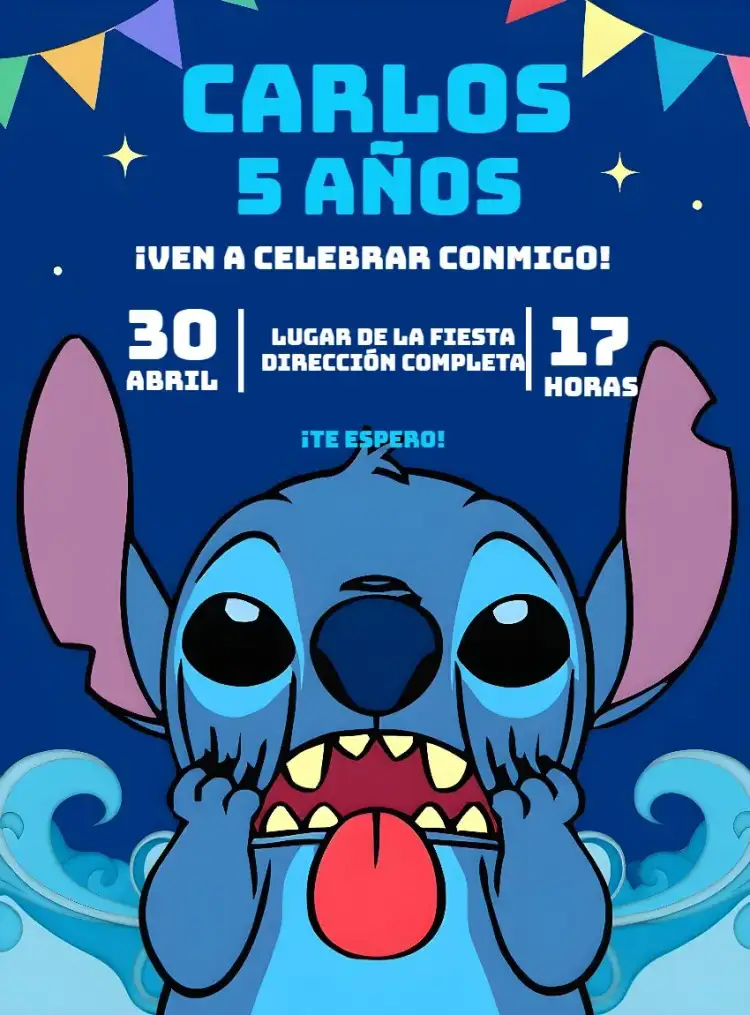 Invitación Stitch Niño – tema Más buscados azul, blanco, divertido, temático, infantil, colorido