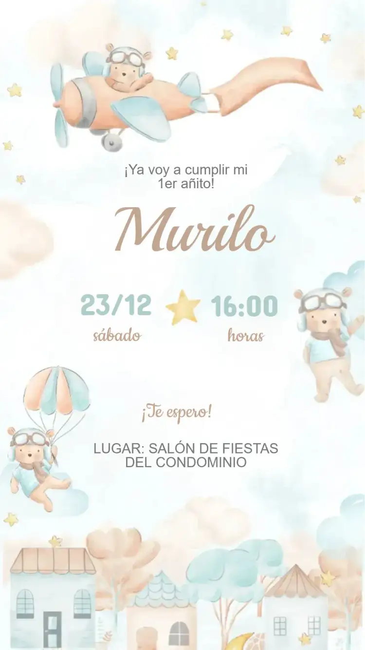 Invitación Invitación Cumpleaños Osito Aviador – tema Cumpleaños Infantil azul claro, blanco, elementos de aviación, ilustraciones lindas, estilo lúdico
