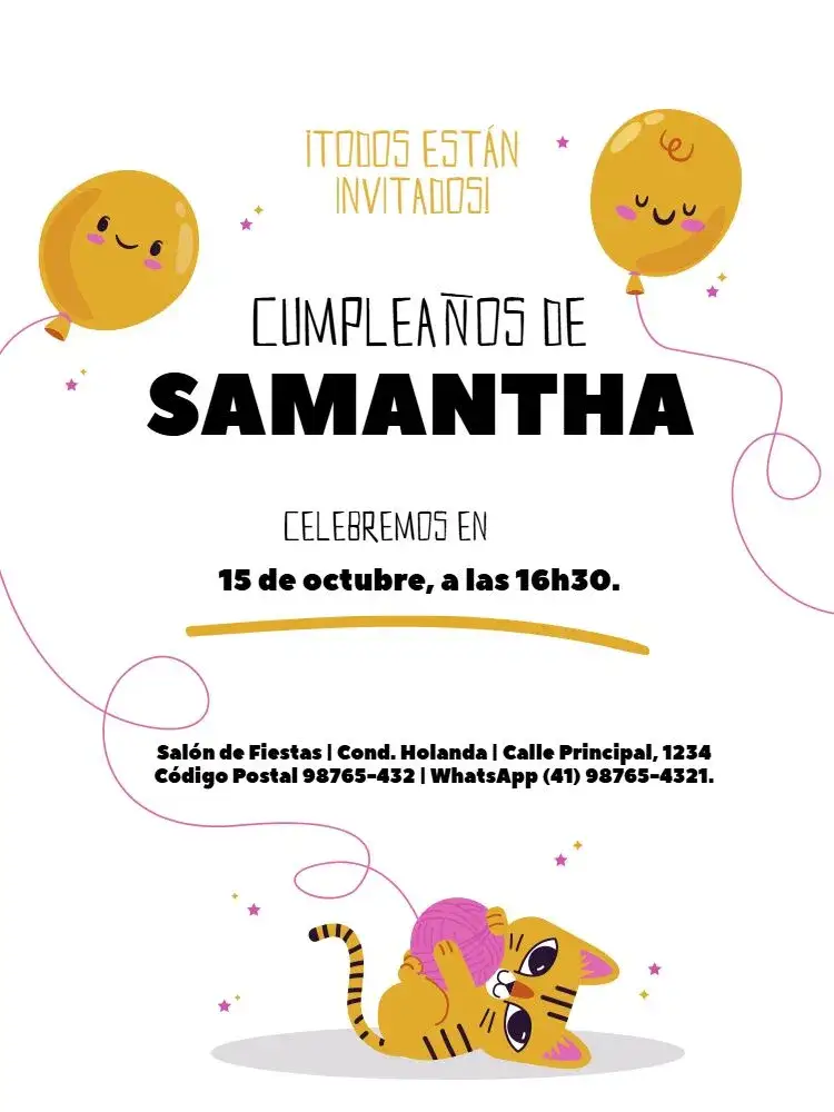 Invitación Gato Delicado Joven – tema Cumpleaños Infantil lúdico, delicado, colorido, moderno, animal, infantil
