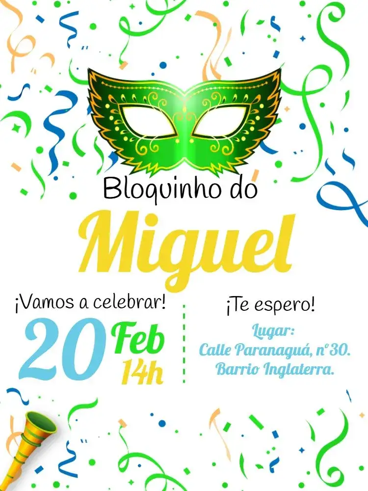 Invitación Carnaval Bloquinho Festa – tema Fechas Conmemorativas colorido, divertido, jovial, festivo, temático