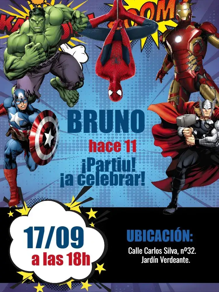 Invitación Vengadores de Hierro – tema Más buscados superhéroes, colorido, moderno, dinámico, aventura