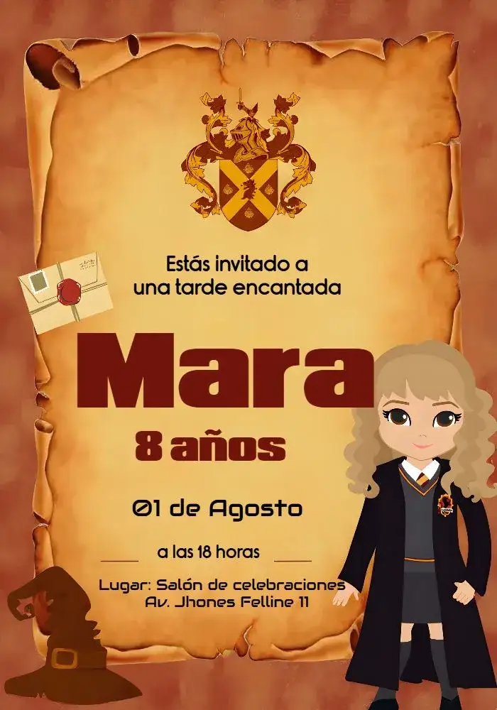 Invitación Harry Potter Hermione – tema Cumpleaños Infantil mágico, fantasía, vibrante, colorido, brujería, temática