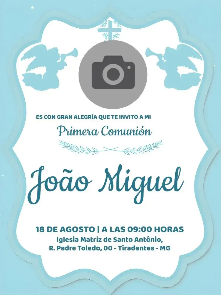 Invitación Primera Comunión Con Foto Niño – tema Primera Comunión azul, religioso, infantil, delicado, elegante, moderno