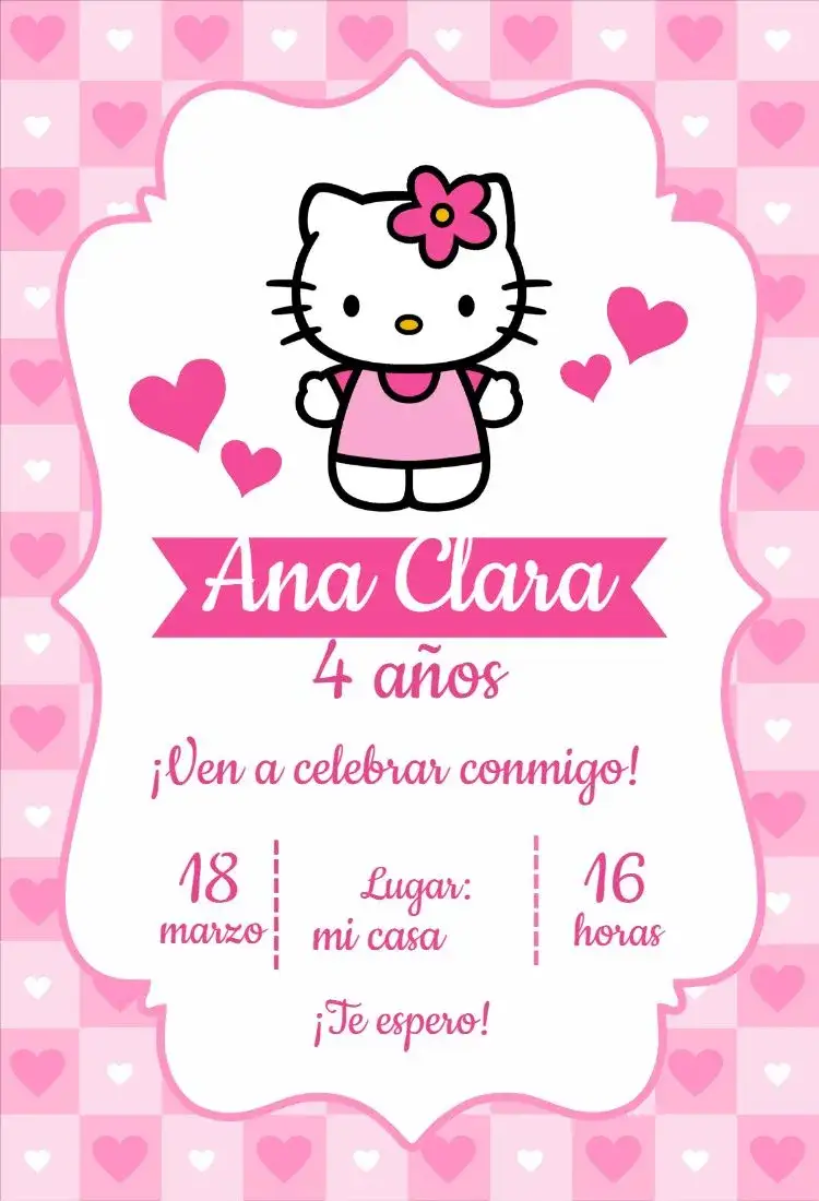 Invitación Hello Kitty Rosa Corazones – tema Cumpleaños Infantil rosa, corazones, infantil, divertido, lúdico, temático