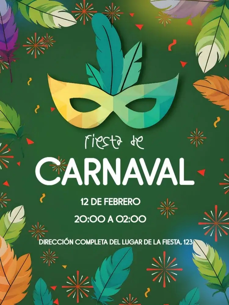 Invitación Carnaval Samba – tema Fechas Conmemorativas púrpura vibrante, máscaras, confeti colorido, serpentinas, estilo samba, folia