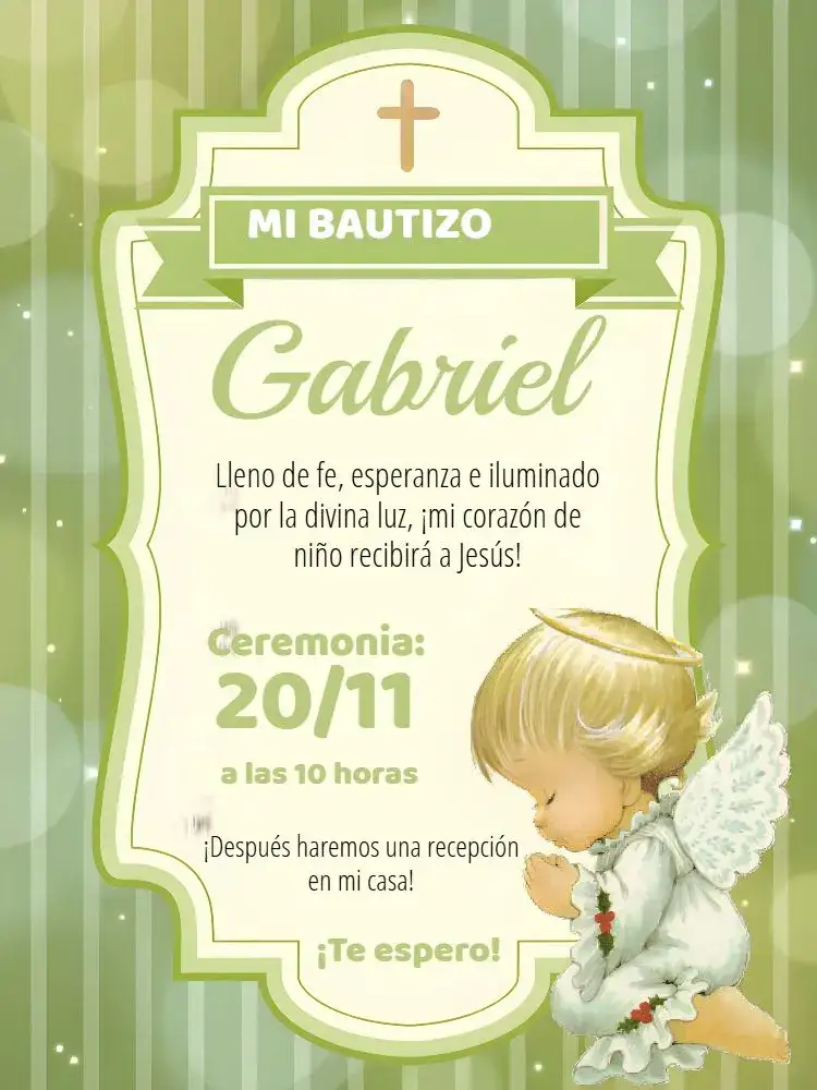 Invitación Bautizo Angelito Verde Niño – tema Bautismo infantil, verde, anjinho, delicado, colorido, alegre