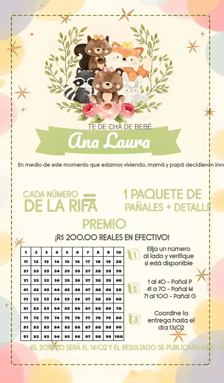 Invitación Té Rifa Bosque Niño Colorido – tema Té Rifa colorido, infantil, moderno, lúdico, natural, divertido