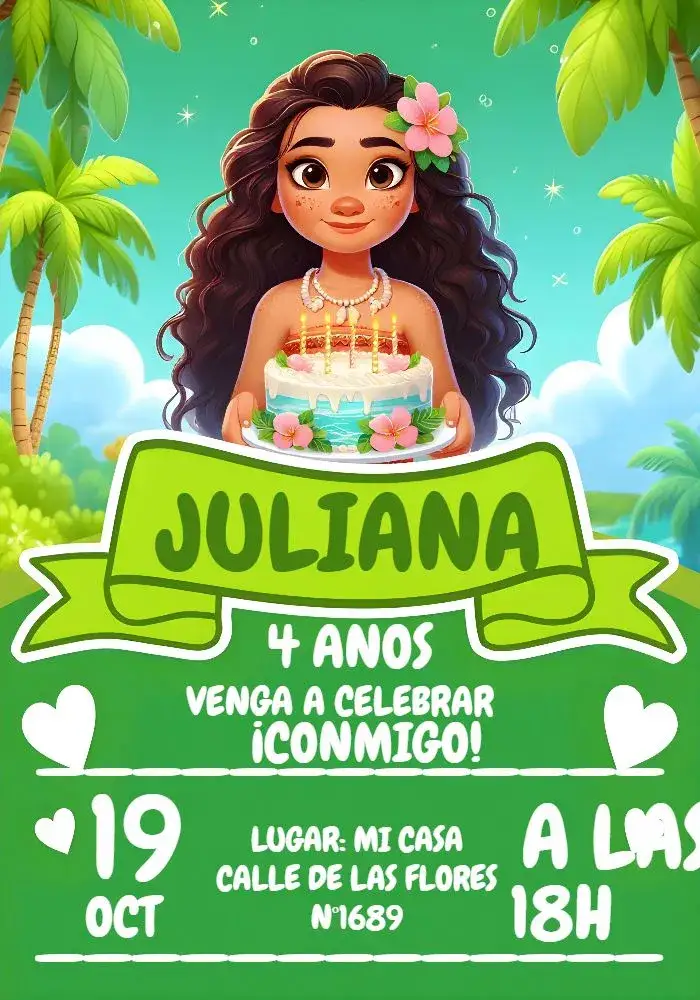 Invitación Moana Disney Avaí – tema Más buscados tropical, colorido, acuarela, lúdico, infantil, marino