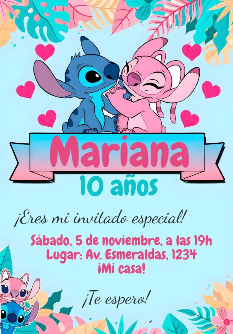Invitación Invitación cumpleaños Stitch y Angel – tema Cumpleaños Infantil colores vibrantes, estilo divertido, temática de Lilo y Stitch, diseño encantador, elementos gráficos lúdicos