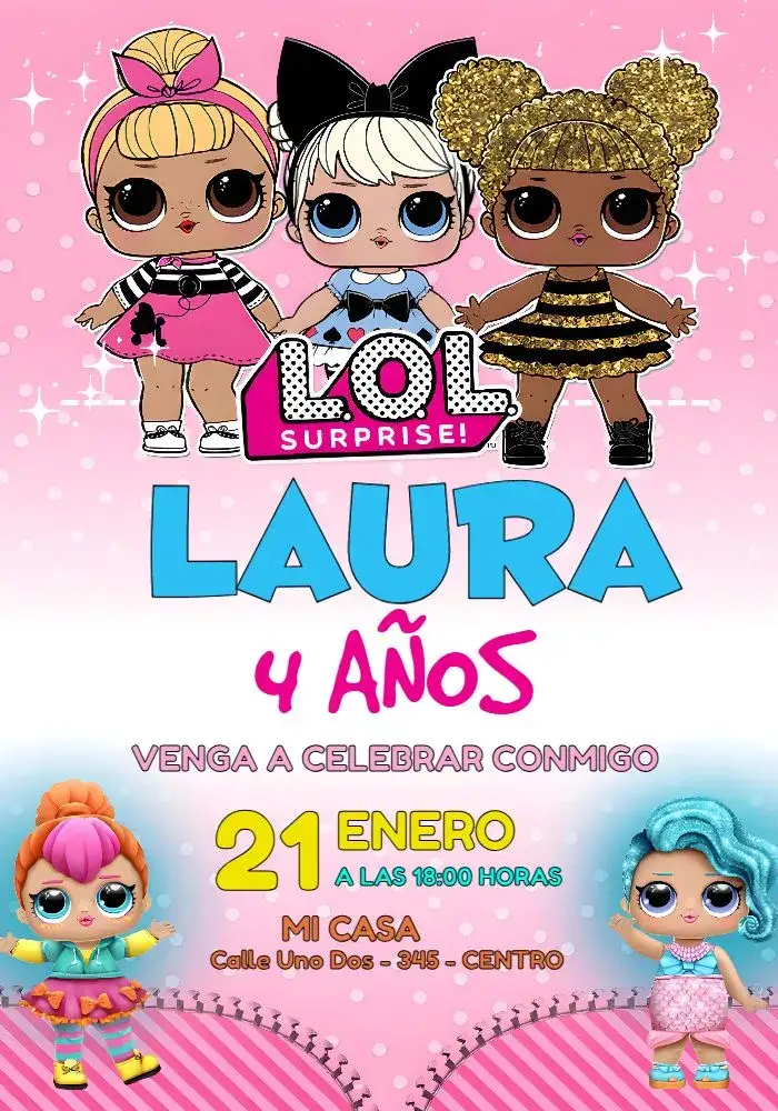 Invitación Boneca Lol Surprise Glitter – tema Más buscados brillante, colorido, divertido, infantil, temático, lúdico