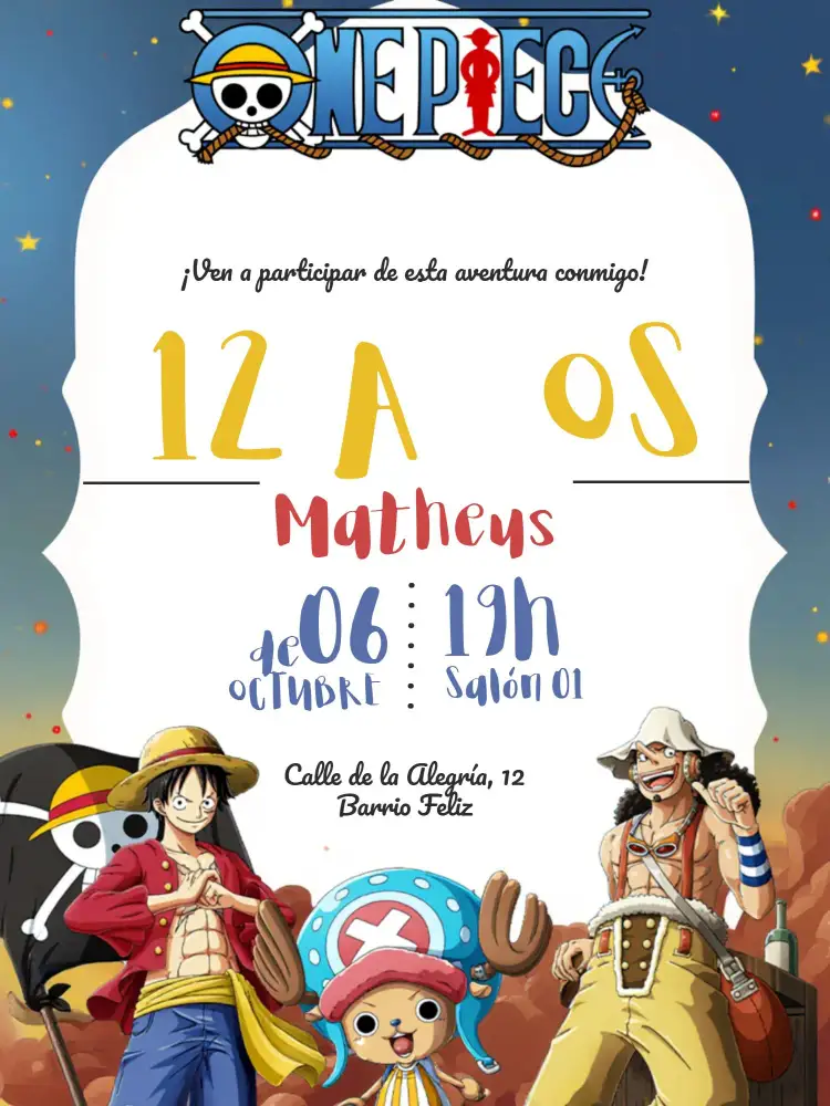 Invitación One Piece – tema Más buscados colores vibrantes, estilo anime, elementos gráficos de pirata, diseño divertido, tema de aventura, ilustraciones coloridas