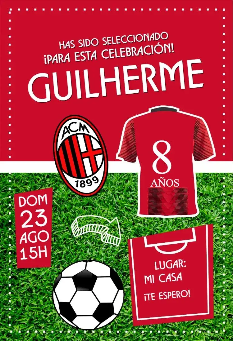 Invitación Camiseta Milan – tema Cumpleaños fútbol, moderno, vibrante, deportivo, colorido, temático