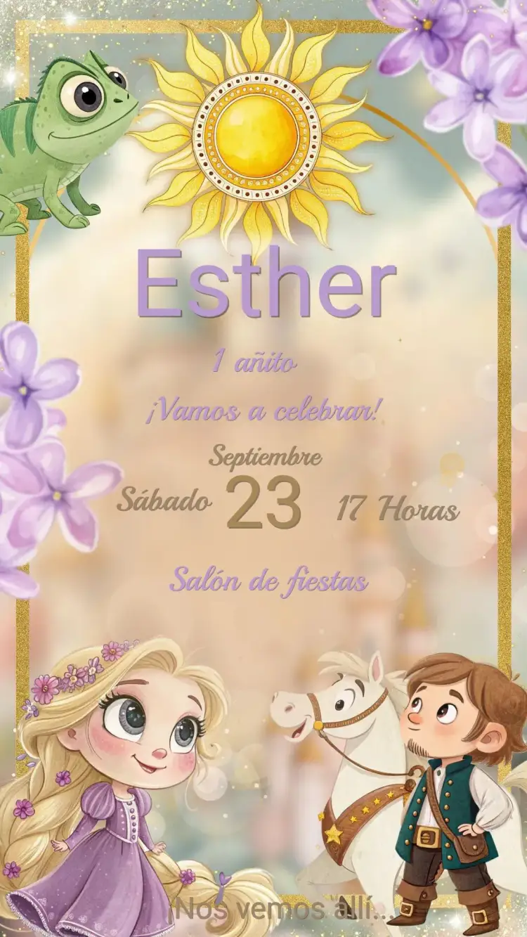 Invitación Invitación Cumpleaños Infantil Rapunzel – tema Cumpleaños Infantil encantado, princesa, tonos suaves, ilustraciones lúdicas, detalles florales