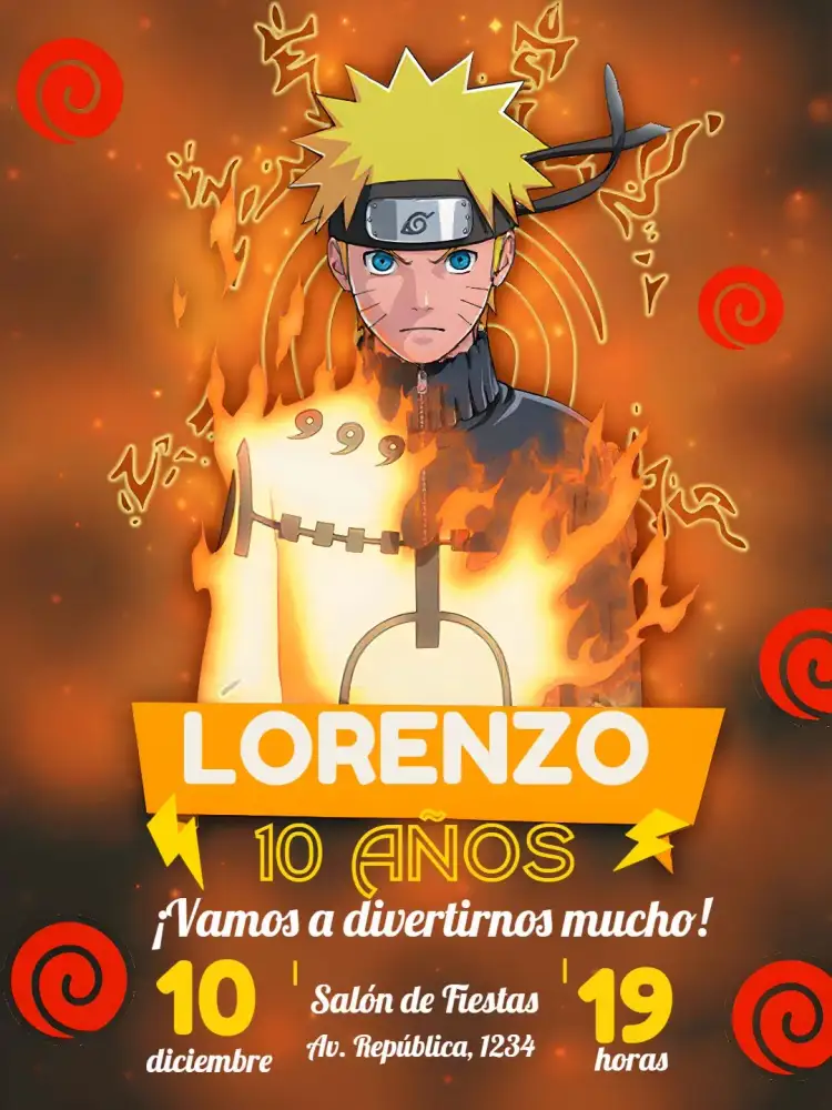 Invitación Naruto Sasuke – tema Cumpleaños Infantil anime, vibrante, aventura, colorido, jovial