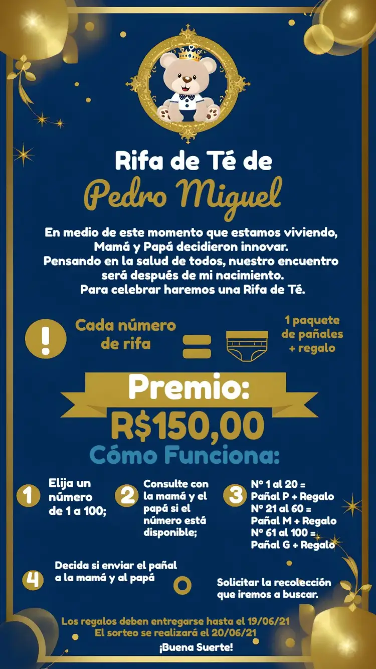 Invitación Té Rifa Osito Príncipe Bebé – tema Té Rifa oso de peluche, príncipe, azul claro, dorado, blanco, infantil
