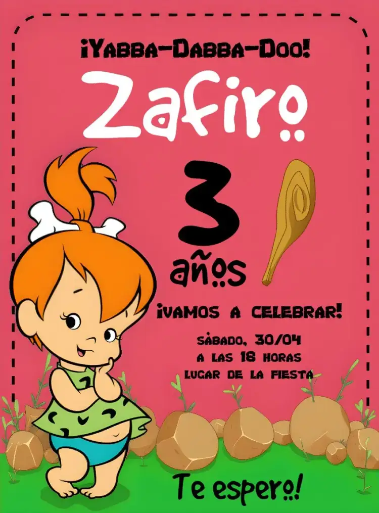 Invitación Pedrita Rosa – tema Cumpleaños Infantil infantil, prehistoria, personajes animados, colores vibrantes, divertido, lúdico