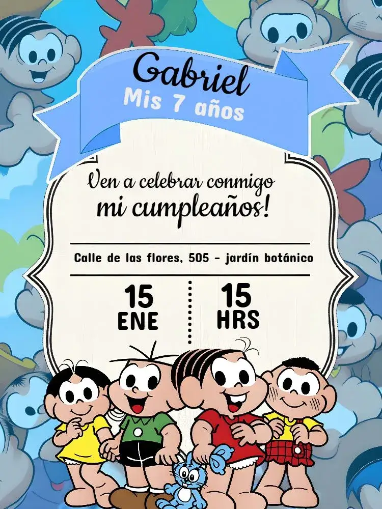 Invitación Turma Da Mônica – tema Cumpleaños Infantil colorido, divertido, infantil, temático, animado, brincalhão