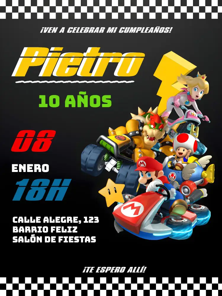 Invitación Mario Kart Amarillo – tema Cumpleaños Infantil colores vibrantes, estilo de videojuegos, personajes de videojuegos, ilustraciones coloridas, diversión y aventura, estilo infantil