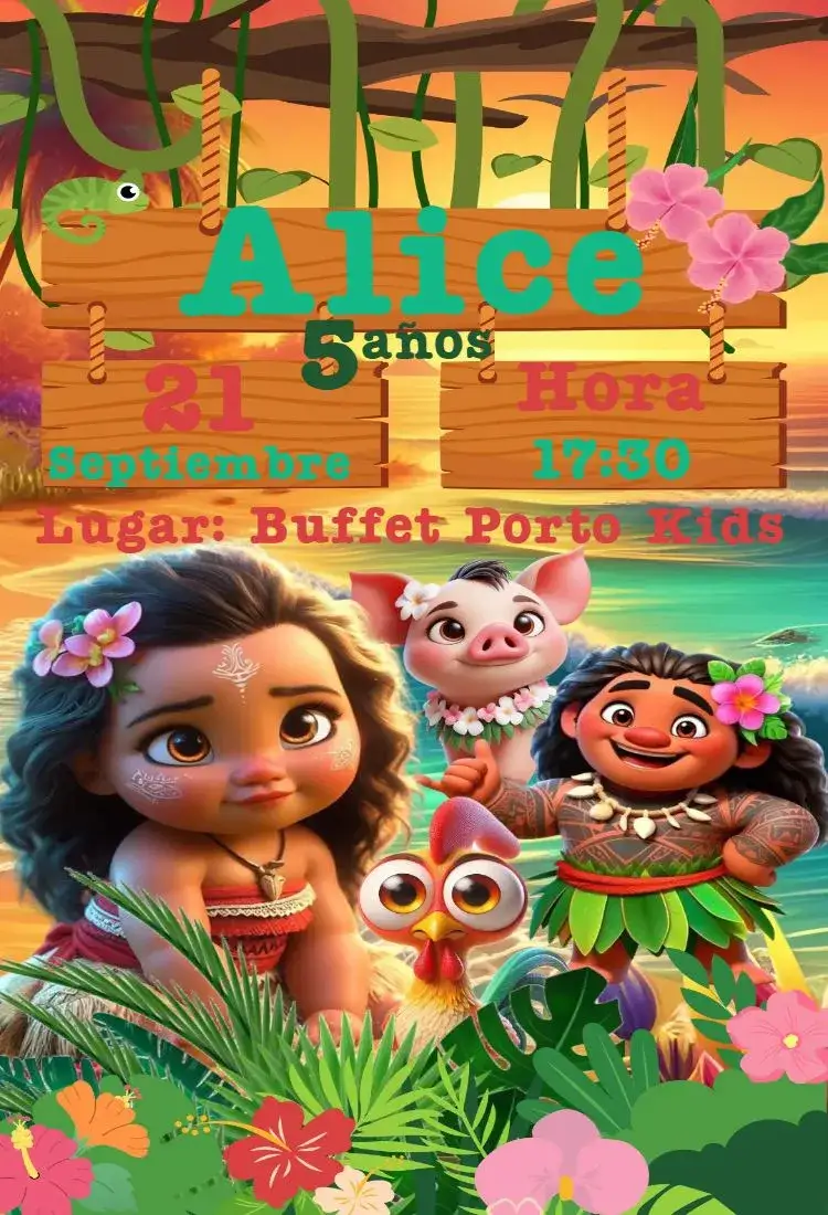 Invitación Invitación Digital Moana Baby – tema Cumpleaños Infantil colorido, tropical, aqua, aventura, ilustración, fantasía
